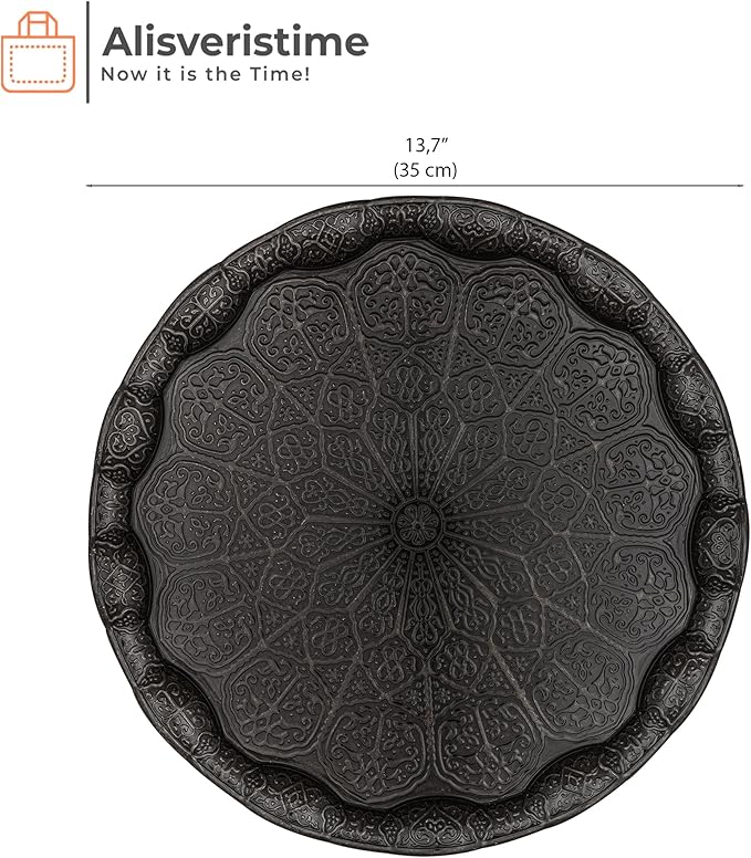 Alisveristime Turkish Ottoman Coffee Tea Serving Tray – 13.60 inches, Metal with Traditional Motifs, Available in Five Colors (Black)