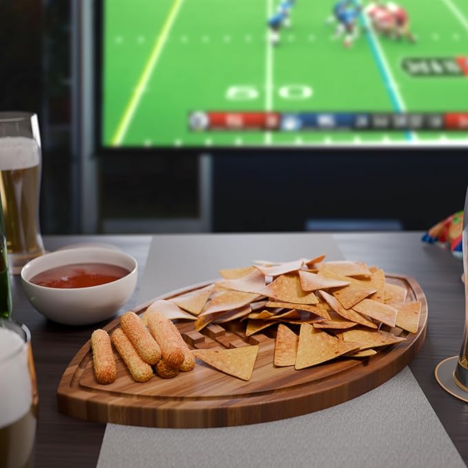 Football Shaped Cutting Board – Acacia Wood Charcuterie Tray – Wooden Football Serving Platter for Super Bowl Parties, Tailgate Hosting & Gifts