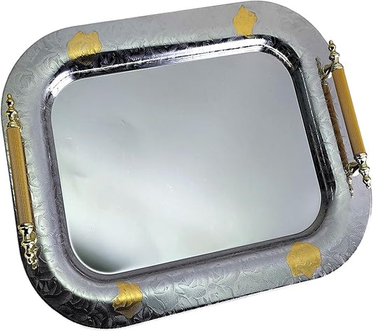 18 inch x 14.1 inch Oblong Chrome Plated Serving Tray with Handles Iron Gold Floral Engraved Decorative Party Wedding Dessert Buffet Wine Decor Platter Plate Base NC-126