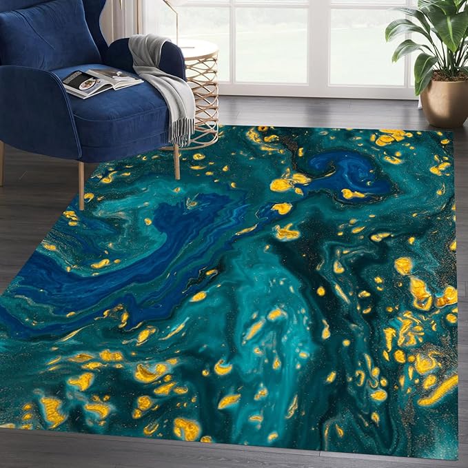 Abstract Luxury Marble Collection Rug 10x12 Blue Golden Swirl Design Area Rugs for Bedroom Living Room Dining Room Non-Slip Stain Resistant Carpet Washable Low Pile Throw Mat