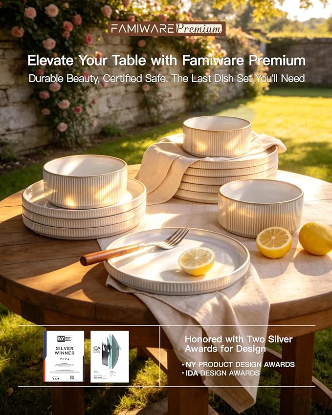24-Piece Dinnerware Set for 8, Famiware Premium Stoneware Dish Set with Ribbed Plates and Deep Bowls, Double Reactive Glaze, Chip & Scratch Resistant, Microwave & Dishwasher Safe, Cappuccino White