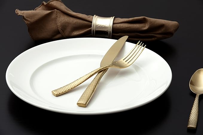 Fortessa Lucca Faceted 18/10 Stainless Steel Flatware, Solid Handle Table Knife, 9.9", Set of 12, Brushed Gold