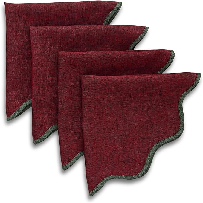 Solino Home Linen Scallop Cloth Napkins Set of 4-100% Pure Linen Forest Green and Red Garnet Dinner Napkins 20 Inch - Giselle Scallop Edge, Handcrafted and Machine Washable