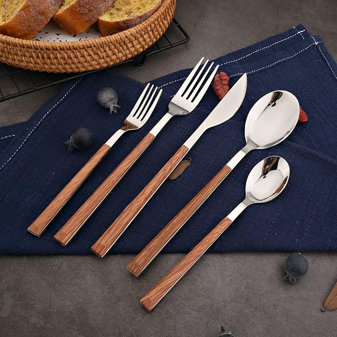 Korean Style Wood Flatware Stainless Steel Fork/Spoon/Knife/Teaspoon with Wooden Square Handle Cutlery Set of 4 Dinnerware for Home, Kitchen, Restaurant, Gift - Silver
