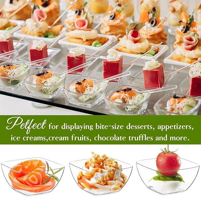 Zezzxu 100 Pack 2 oz Mini Dessert Cups with Spoons, Clear Plastic Reusable Small Square Party Serving Tiny Bowls for Individual Appetizers, Trifle, Cheesecake, Hors D'oeuvres
