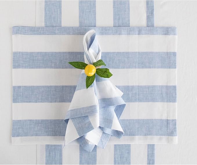 Solino Home Linen Napkins Set of 4-100% Pure Linen Cabana Stripe Sky Blue and White Cloth Dinner Napkins 20 x 20 Inch - Handcrafted and Machine Washable - Christmas, Holiday, New Year