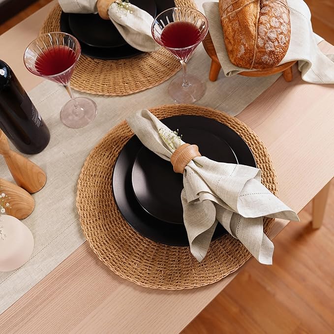 Home Ekaa Linen Light Natural Table Runner 36 Inches - 100% Pure Linen Cloth Fabric Hemstitch Table Runner 14 x 36 Inch for Dining, Dresser, Thanksgiving, Fall Christmas - Lino