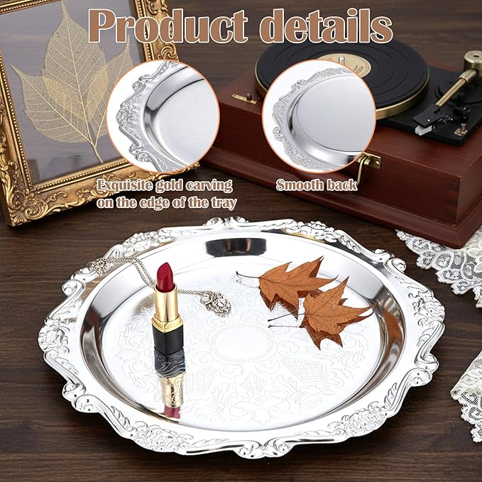 7.8" Silver Tray, Silver Serving Trays Vintage Floral Engraved Mirror Decorative Tray Jewelry Display Trays for Wedding Kitchen Party Centerpiece Display Perfume Organizer
