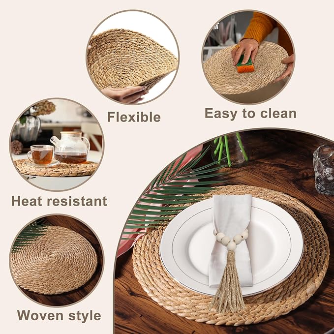 Woven Placemats Set of 4, 13.8" Natural Water Hyacinth Round Rattan Placemats with Wooden Beads Napkin Rings for Kitchen Dining Table Decor