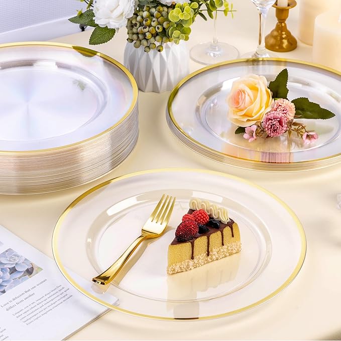 BESTSTAR 12 Inch Disposable Decor Charger Plates, 25 Pack Plastic Clear Plates with Gold Rim, Perfect Table Decor for Party, Wedding, Dinner