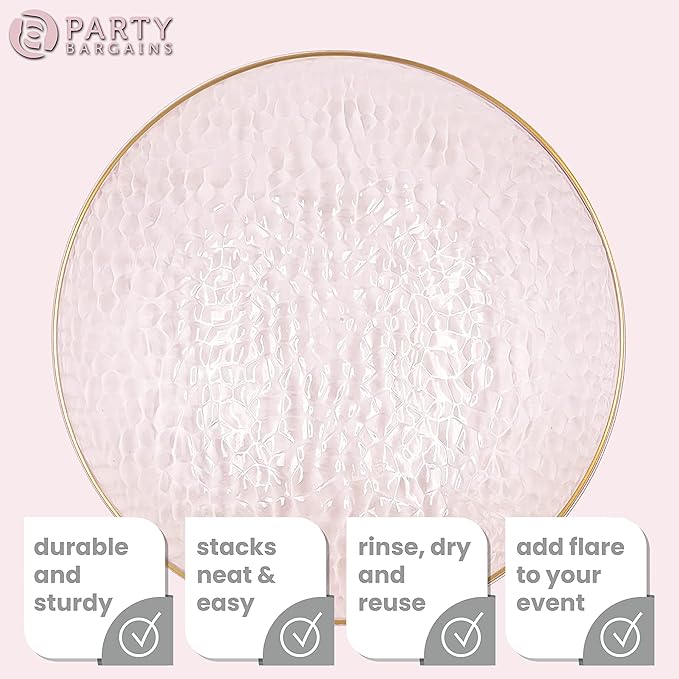 PARTY BARGAINS 13-Inch Charger Plates - 96 Pack, Hammered Pink Gold Rim, Heavy-Duty Disposable Chargers for Elegant Dining - Ideal for Weddings and Formal Events