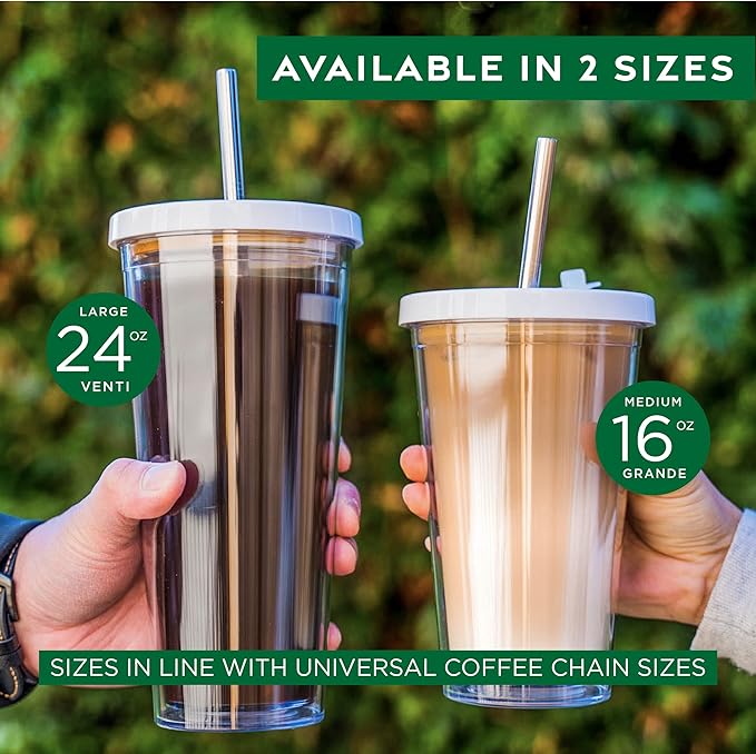 Kensal Home Reusable Iced Coffee Cup (16 Oz/Grande), Leak Proof and Double Wall Insulated Iced Coffee Tumbler, Come with Reusable Plastic and Metal Straws and Straw Cleaner - White