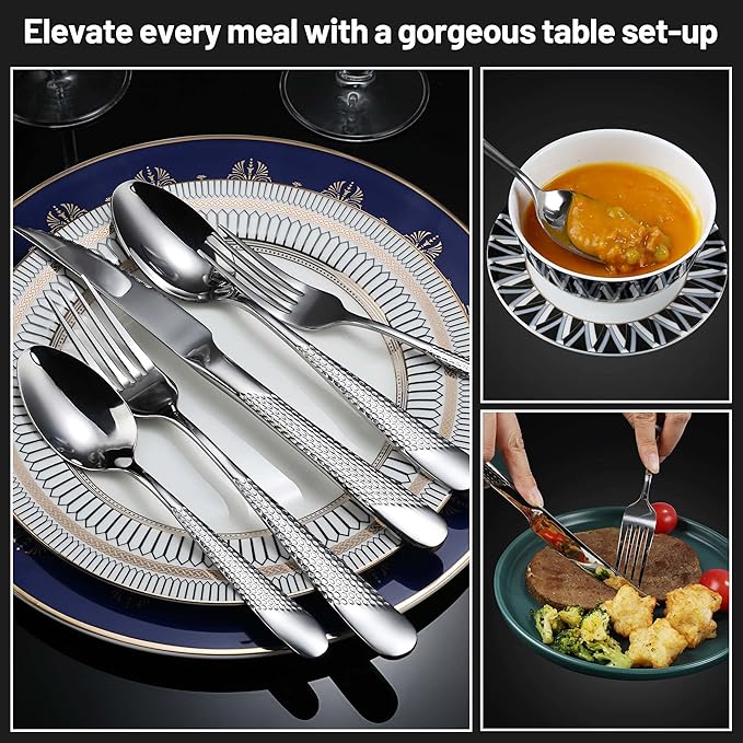 Hammered Silverware Set, PUREAIN 30 Pieces Silverware Set for 6, Stainless Steel Flatware Set for Home, Kitchen, Restaurant and Hotel, Mirror Polished Cutlery Set, Dishwasher Safe