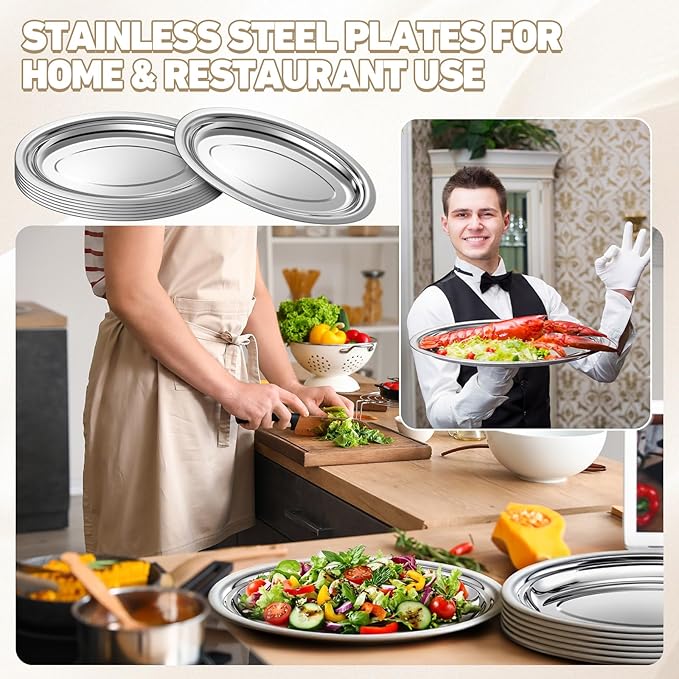 12 Pcs Stainless Steel Oval Platter Set Bulk Heavy Duty Mirror Polished Serving Tray Sliver Large Metal Display Serving Platter Dinner Trays for Table Food Home Dishwasher(14 Inch)