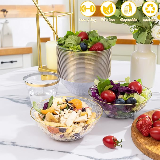 Rubtlamp 50 Pack Clear Disposable Bowls, Clear Plastic Bowls with Gold Rim, 12-16oz Premium Heavy Duty Plastic Hammered soup Bowls for Milk Cereals, Snacks, Salads