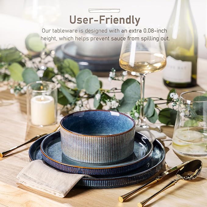 GBHOME 24-Piece Stoneware Dinnerware Set for 8 – Ribbed Ceramic Plates and Bowls, Scratch-Resistant, Microwave & Dishwasher Safe, Reactive Glaze, Ceylon Blue