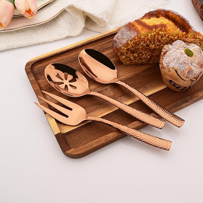 6 PCS Hammered Serving Utensils, Uniturcky Stainless Steel Serving Spoons Set, Square and Thick Hostess Serving Set, Includes 2 Serving Spoon 2 Serving Fork and 2 Slotted Spoon, Mirror Rose