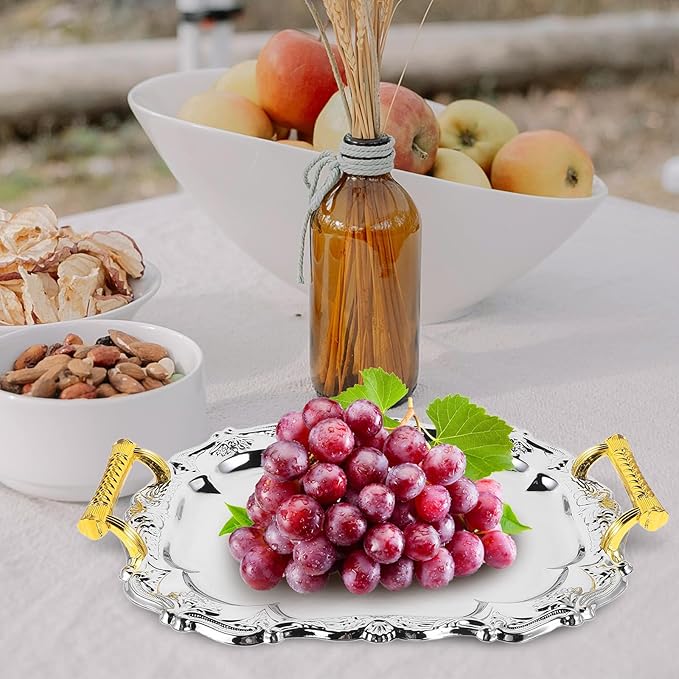 European Style Vintage Thickened Round Stainless Steel Serving Tray with Handles for Hotels Restaurants Home Dining Table Snack Fruit Food Platter