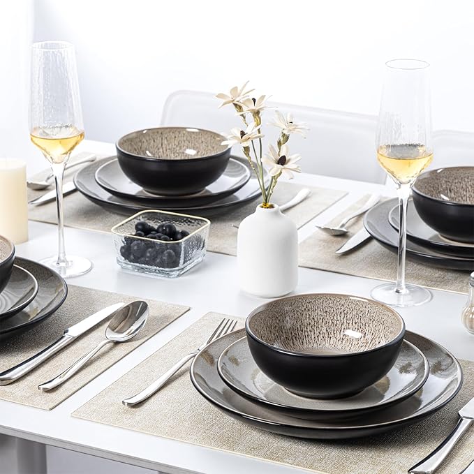 Plates and Bowls Sets for 6 - CJDC-QUELO 18-Piece Stoneware Dinnerware Sets, Ceramic Dishware Set for Indoor Kitchen Use and Formal Dining, Chip and Scratch Resistant Microwave Dishwasher Safe, Brown