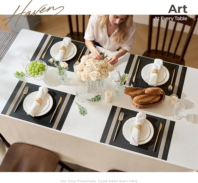 Leetaltree Sparkling Black Vinyl Woven Placemats Set of 4 - Washable Dining Table Place Mats Striped, Suitable for Wedding, Anniversary, Daily Use