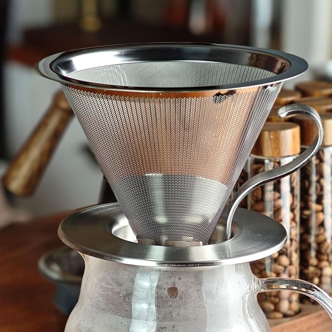Pour Over Coffee Dripper, Stainless Steel Reusable Filter, Coffee Maker for 1-2Cups Brew, Double Mesh Design of Manual Reusable Cone Filter