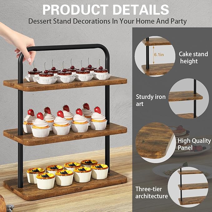IBUYKE Wood Cupcake Stand,3 Tier Dessert Stand,Set of 2,Cupcake Stand for 50 Cupcakes,Cupcake Tower Dessert Display Stand for Party, Christmas, Wedding, Baby Shower, Serving Tray,Rustic Brown UTLJ013H-2