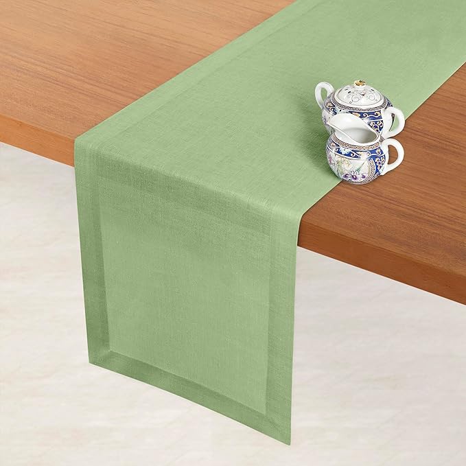 D'Moksha Homes Linen Sage Green Table Runner 144 Inches Long - 100% Pure Linen Extra Long Table Runner 14 x 144 Inch for Winter, Christmas, Holiday, New Year - Machine Washable