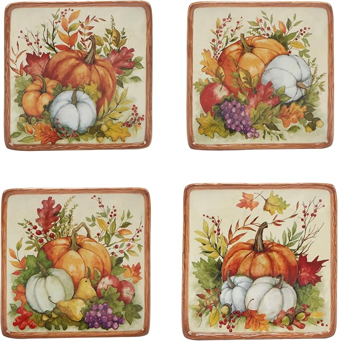 Harvest Blessings Set of 4 Ceramic Canape Plates – Perfect for appetizers, desserts, or small bites, these festive plates bring fall cheer and elegant seasonal style to your entertaining table