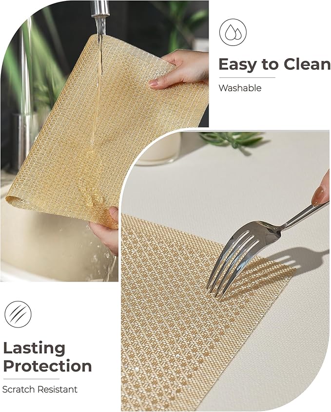 Leetaltree Sparkling Gold Sequin Woven Vinyl Placemats, Set of 8 - Waterproof & Washable Dining Table Mats for Wedding, Anniversary, Daily Use, Hand-Cut