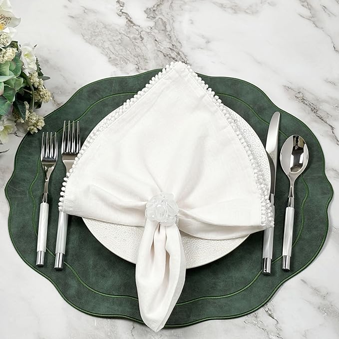 Embroidered Scalloped Faux Leather Placemats Set of 4 - Wipeable Luxury Dinner Table Mats for Dining & Kitchen Decor, Christmas, 17.25" x 15", Green