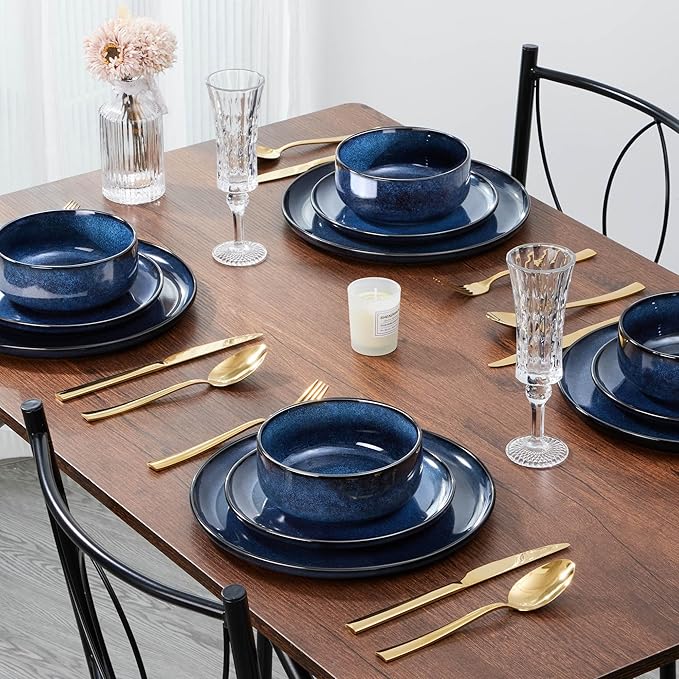 E-far 10.5” Ceramic Dinner Plates Set of 6, Large Reactive Glaze Stoneware Dishes, Round Salad Plate for Home Kitchen Restaurant, Microwave & Dishwasher Safe – Deep Sea Blue