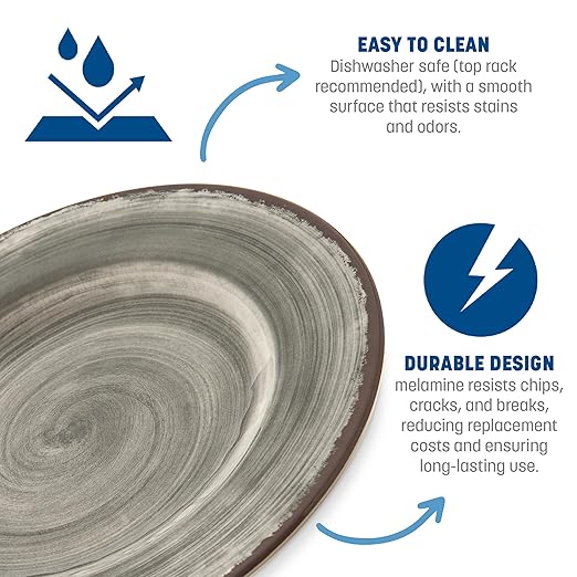 Carlisle FoodService Products Mingle Resuable Plastic Plate Dinner Plate with Pottery Style for Home and Restaurant, Melamine, 9 Inches, Smoke, (Pack of 12)