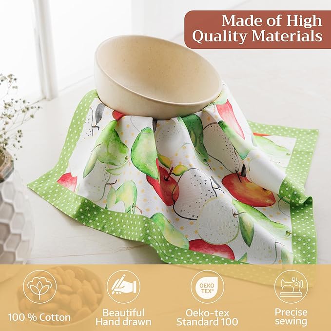 Maison d' Hermine Cloth Napkins Set of 4 100% Cotton Soft & Durable Everyday Reusable Square Napkins Cloth Washable, Dinner, Cocktail Party, Wedding, Restaurant (Apple's & Pears, 18" x 18")