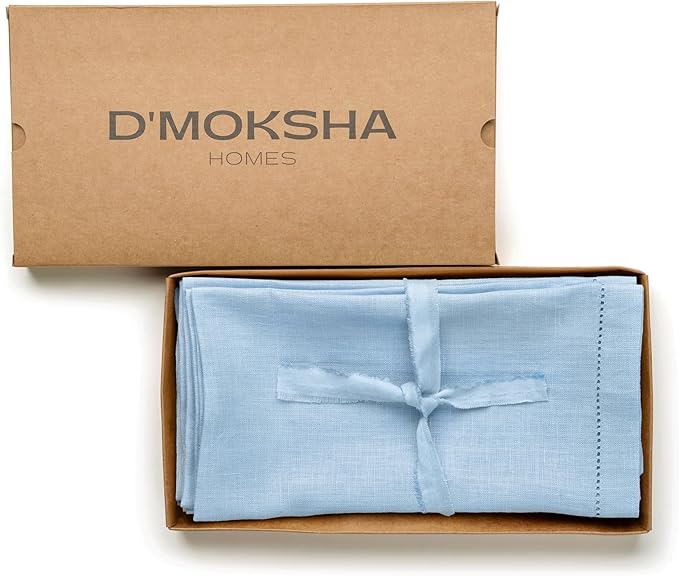 D'Moksha Homes Powder Blue Linen Napkins Set of 4 - Classic Hemstitch 100% Pure Linen Dinner Napkins Cloth 20 x 20 Inch for Winter, Christmas, Holiday, New Year - Handcrafted and Machine Washable