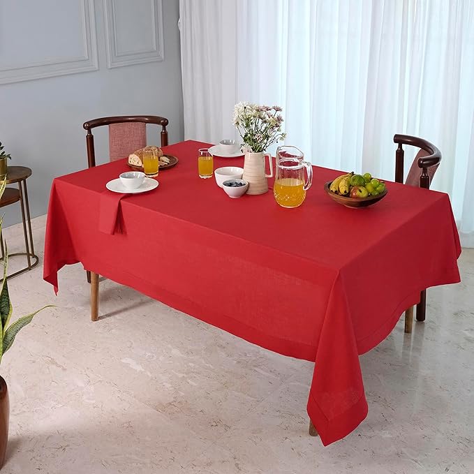 D'Moksha Homes Bright Red Linen Tablecloth 54 x 72 Inch - 100% Pure Linen Tablecloth for Rectangle Tables - Machine Washable Table Cloth for Winter, Christmas, Holiday, New Year