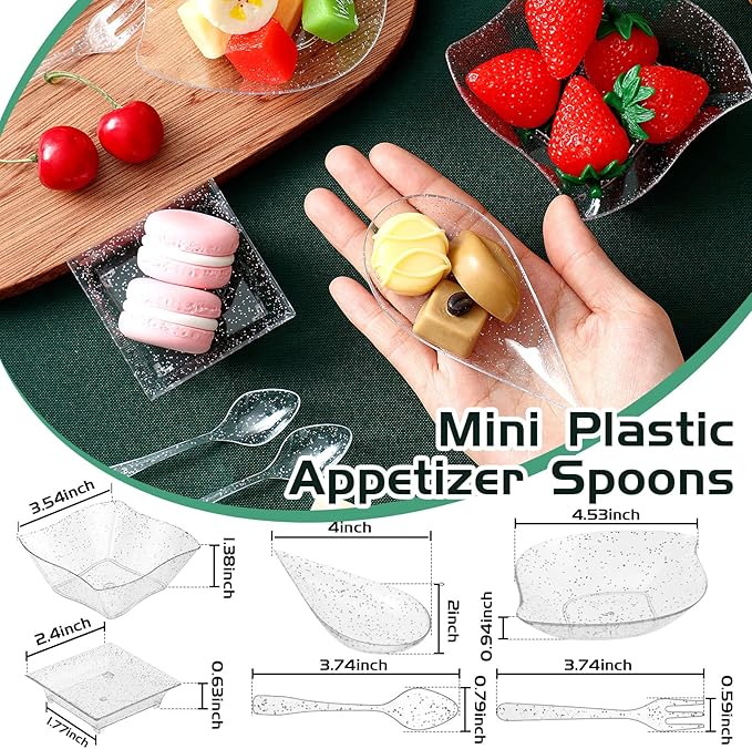 Tessco 200 Pcs Mini Appetizer Plates with Spoons Forks Disposable Mini Dessert Plates Plastic Appetizer Bowls Tiny Individual Serving Trays for Party(Silver Glitter,Classic)