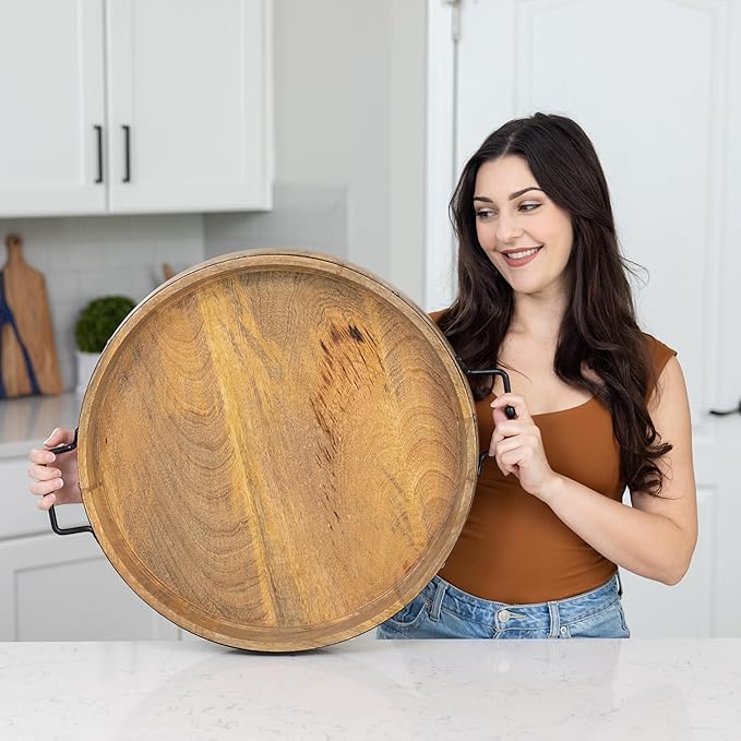 20" Extra Large Round Ottoman Tray, Heavy Duty Mango Wood, for Serving Tea, Breakfast in Bed, Living Room Large Coffee Table Tray Rustic with Farmhouse Style, Decorative Handles and Accent Strap