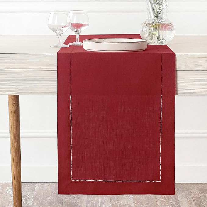 D'Moksha Homes Linen Red Table Runner 132 Inches Long - 100% Pure Linen Extra Long Table Runner 14 x 132 Inch for Winter, Christmas, Holiday, New Year - Classic Hemstitch