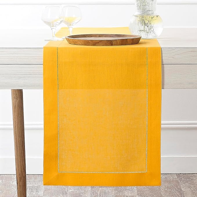 D'Moksha Homes Linen Sunflower Yellow Table Runner 120 Inches Long - 100% Pure Linen Hemstitch 14 x 120 Inch Table Runner for Dining, Winter, Christmas, Holiday, New Year - Classic Hemstitch