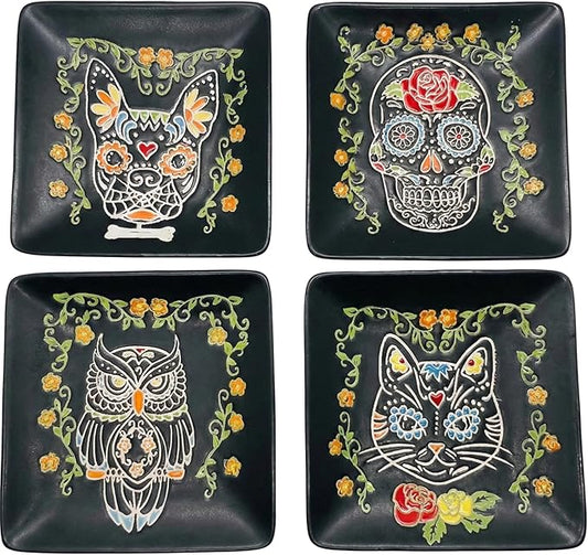 Blue Sky Clayworks Calvin Sugar Skull Appetizer Plate, 5.02" L x 5.02" W x 0.77" H, Set of 4