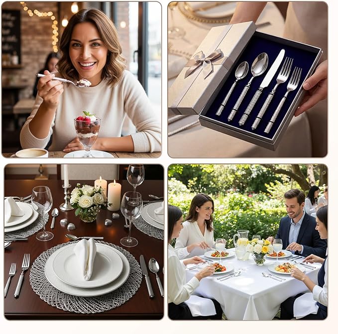 20 Pcs Retro Sliver Silverware Set for 4 Handcrafted Vintage Rope-texture 18/10 Stainless Steel Flatware Set Metal Serving Utensils Mirror Polished Cutlery for Restaurant, Dishwasher Safe