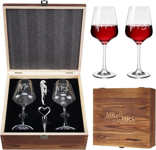 AW BRIDAL Mr and Mrs Wine Glasses Wedding Gifts for Couples 2025, Engagement Gift for Newlyweds, Bridal Shower and Bachelorette Gifts for Bride, Wine Opener Stopper and Engraved Wooden Keepsake Box