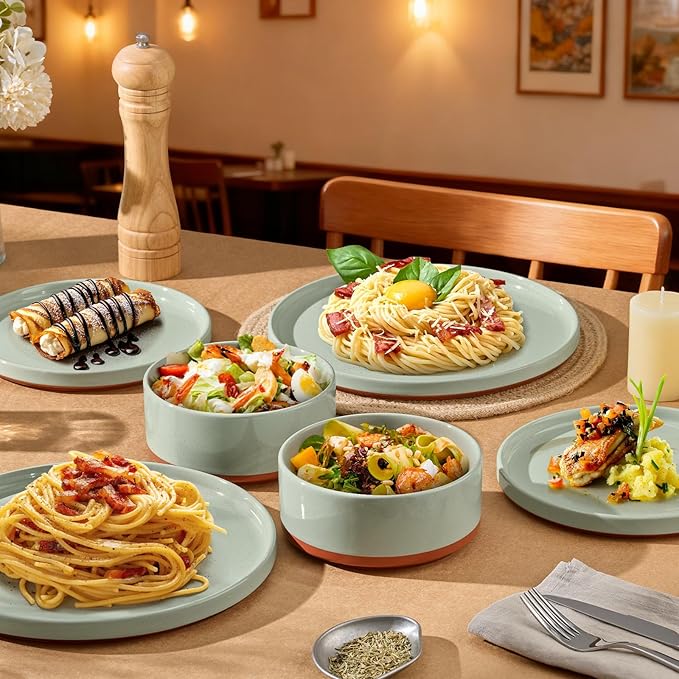 LIANYU 18 Pieces Porcelain Dinnerware Sets, Premium Plates and Bowls Set, High-Fired Ceramic Dishes Set for 6, Chip & Scratch Resistant, Microwave Dishwasher Safe, Laurel Green