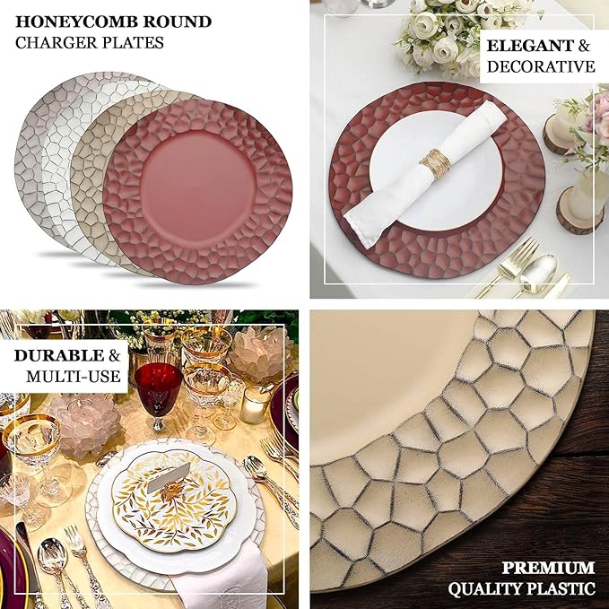 Efavormart 6 Pack | 13" Matte White Plastic Hammered Rim Dinner Charger Plates, Decorative Disposable Irregular Round Serving Plates