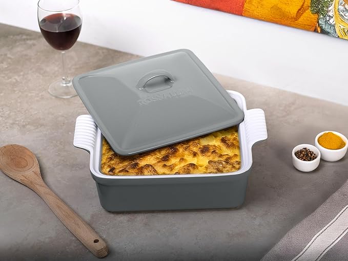 Stoneware Casserole Dish Bakeware with Lid | Covered Square Dinnerware | Large 2.5 Quart, [Ocean Blue]