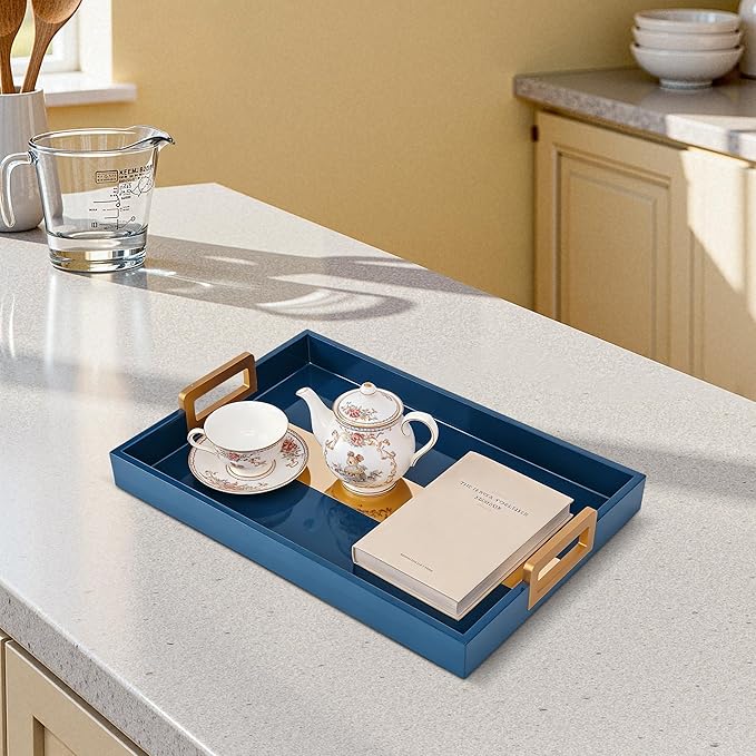 Navy Blue Coffee Table Tray, Decorative Serving Tray, Rustic Wood - Coffee Table Decor with Gold Handles, Rectangle for Home Decor