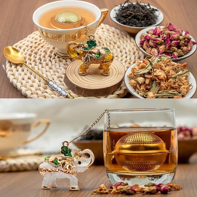 Stainless Steel Metal Tea Ball, 1.37-inch Tea Strainer, Crystal Diamond Elephant Tea Infuser for Loose Leaf Tea Festival Gifting and Personal Use, Gift Box Packaging（Gold）