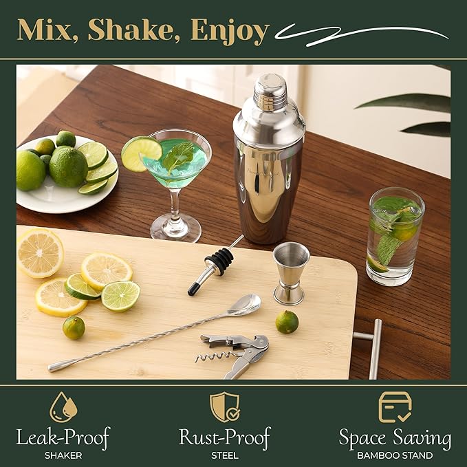 Cocktail Shaker Set, 24-Piece Bar Bartender Kit with Stand, Martini Shaker, Jigger, Strainer,Mixer Spoon,Muddler,Liquor Pourers,Tongs,Opener,LCE Ball Mold&LCE Cubes,Bottle Stoppers|Silver