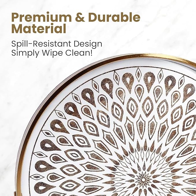Round Serving Tray with with Handles Antique Look & Stylish Design Decorative Trays for Kitchen Round Ottoman Tray for Dinning Living Room & Home Decor Pack of 2 (White-Gold)
