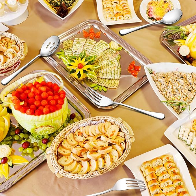 LIANYU 6-Piece Large Serving Spoons and Forks Set, 9.8 Inch Stainless Steel Buffet Catering Party Banquet Serving Spoon Fork, Mirror Finished, Dishwasher Safe